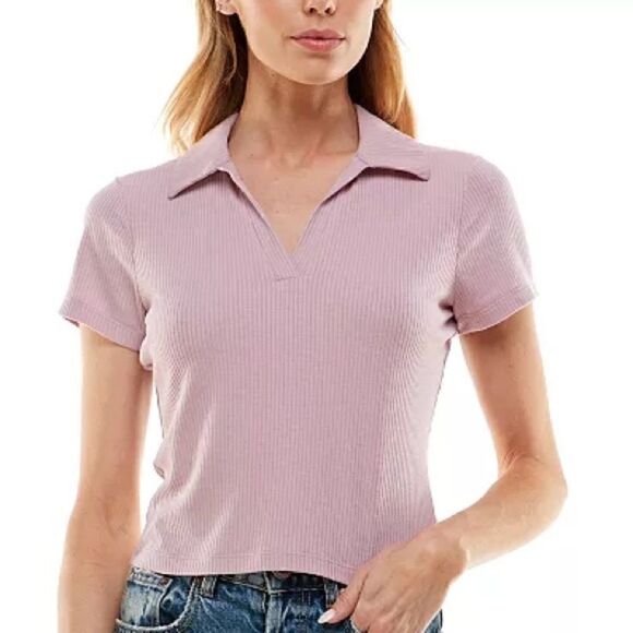 ULTRA FLIRT Ribbed Polo T-Shirt Juniors' M Pink Dawn Collared V-neck Pullover - Picture 2 of 8